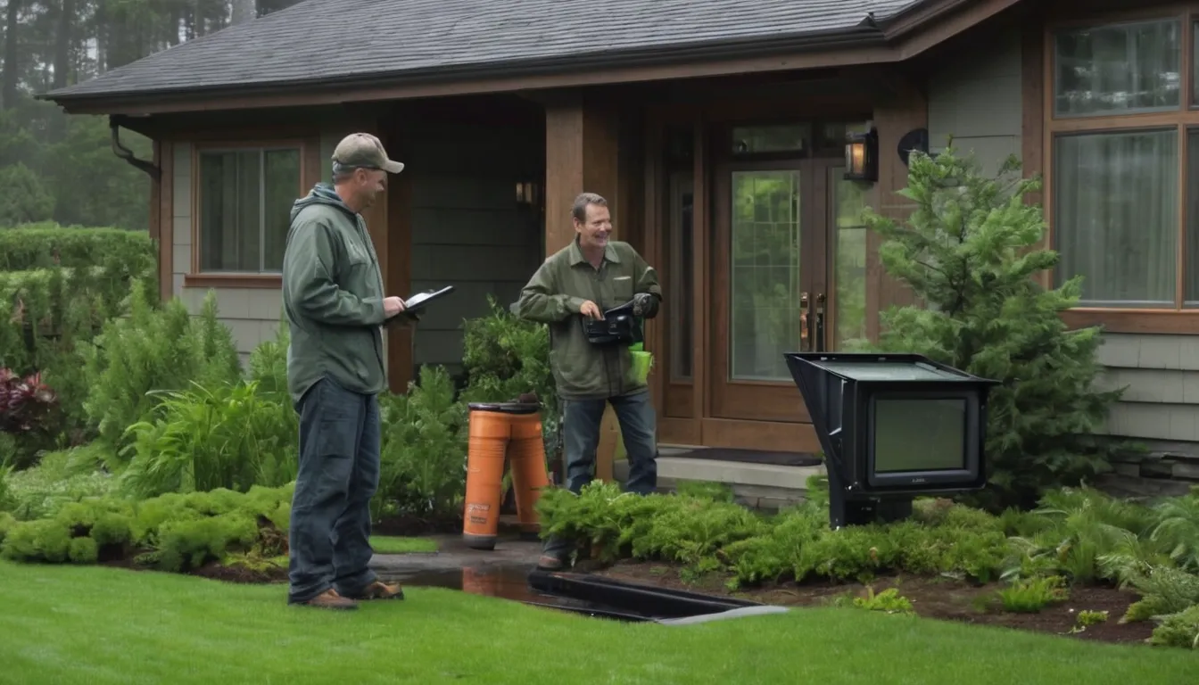 Friendly sewer provider and homeowner reviewing a camera inspection monitor in a front yard near Portland